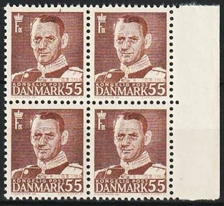 FRIMÆRKER DANMARK | 1951 - AFA 327 - Fr. IX 55 øre brun i 4-blok - Postfrisk